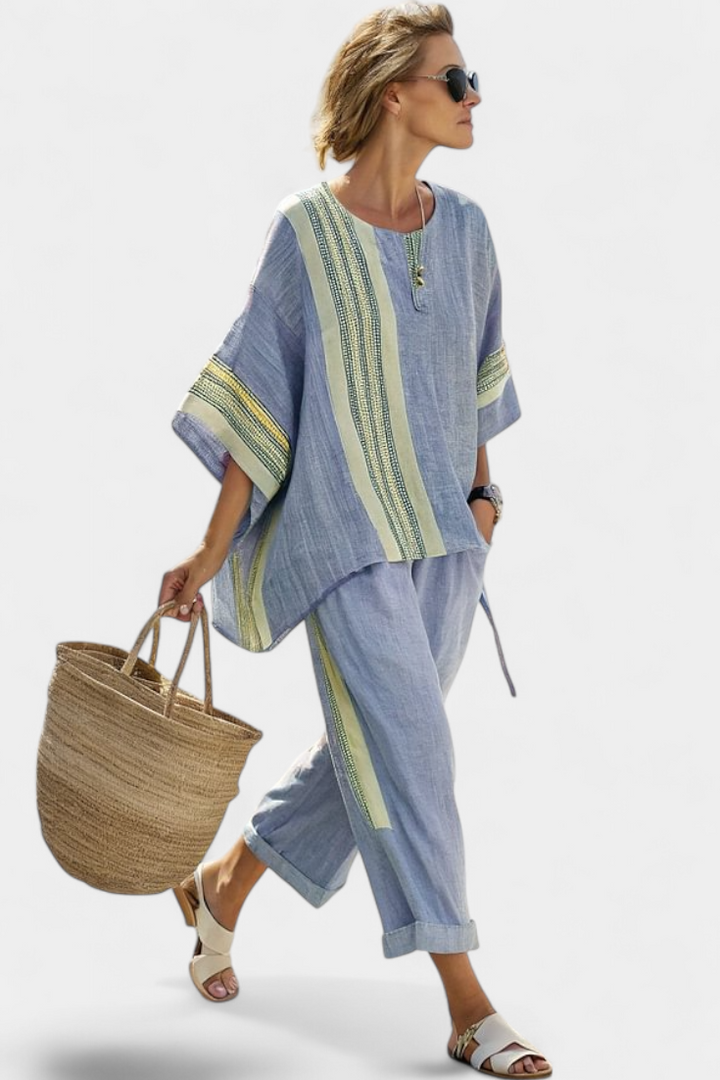 Elowric | Elegant Lavender Top & Mustard Striped Trousers