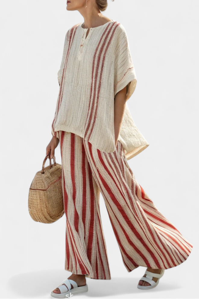 Mirella | Sophisticated Textured Red-Stripe Top & Linen Trousers